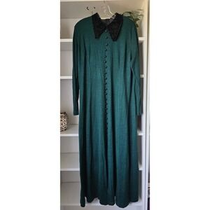 R&K Originals Green Maxi Dress Black Velvet Eyelet Collar Dark Academia Sz 16